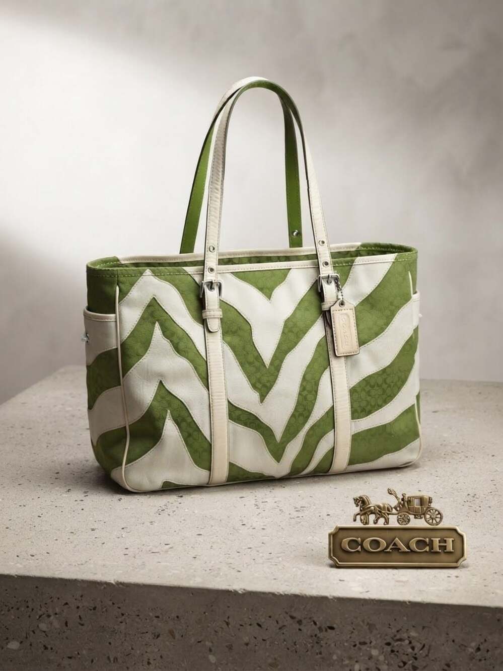 Coach Limited Edition Green and White Zebra Print Signature Tote Bag Y2K